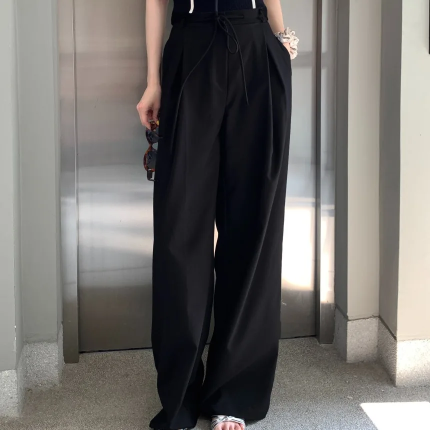 

2026 Summer New Korean Style Thin Belted Wide Leg Pants Women Slimming Loose Color Simple Long Pants Women