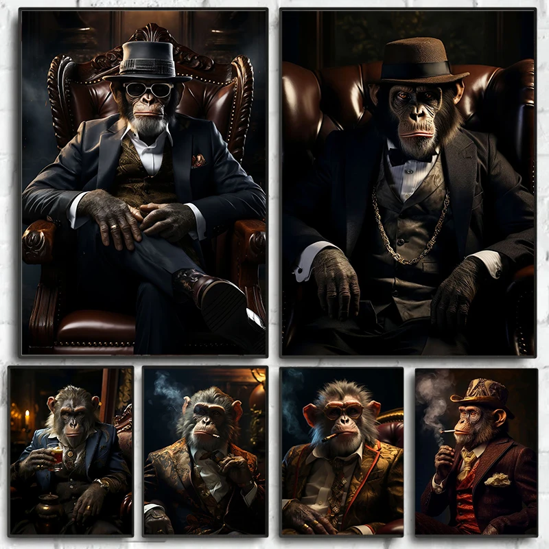 Cool Smoking Monkey Chimpanzee Boss Business Canvas Painting Modern Animal Picture Wall Art Poster Prints Home Living Room Decor