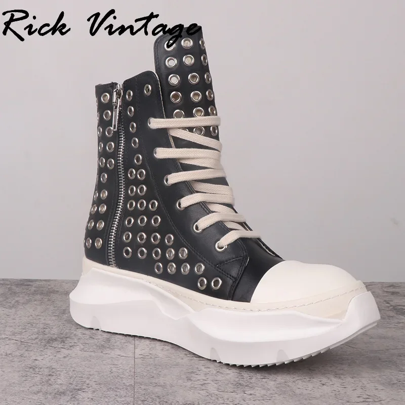 Rick Vintage Men Shoes High-TOP Platform Boots Heightening Real Leather Rivets Sneaker Luxury Trainers Casual Zip Black Shoes