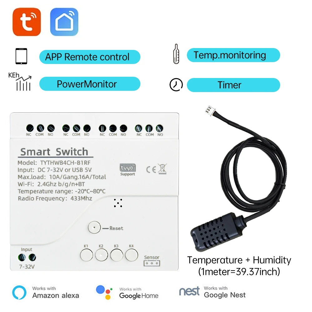 Tuya Smart WiFi 4-Kanal-Relais DC 7-32V/AC 85-250V 10A mit Temperatur- und Feuchtigkeitssensor, passiver Trockenkontaktschalter für Zuhause – Detail 17