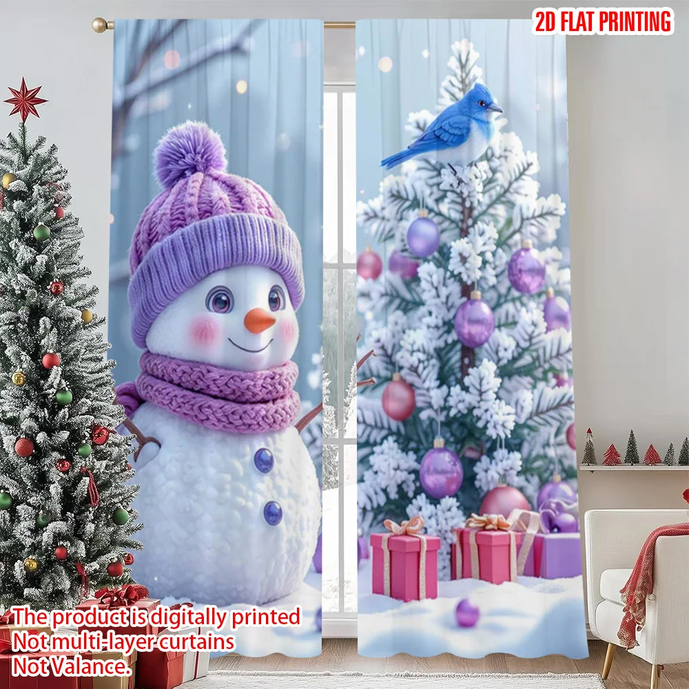 

2pcs 2D flat printing Christmas Scene Curtain Christmas snowman Machine Washable Fabric Without Electricity Family Party Perfect