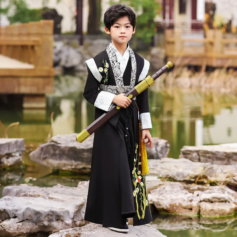 Lente Zwarte Bloemen Borduren Hanfu Tang Pak Chinese Kinderen Dans Kostuums Jongens Traditionele Kids Stage Performance Rokken