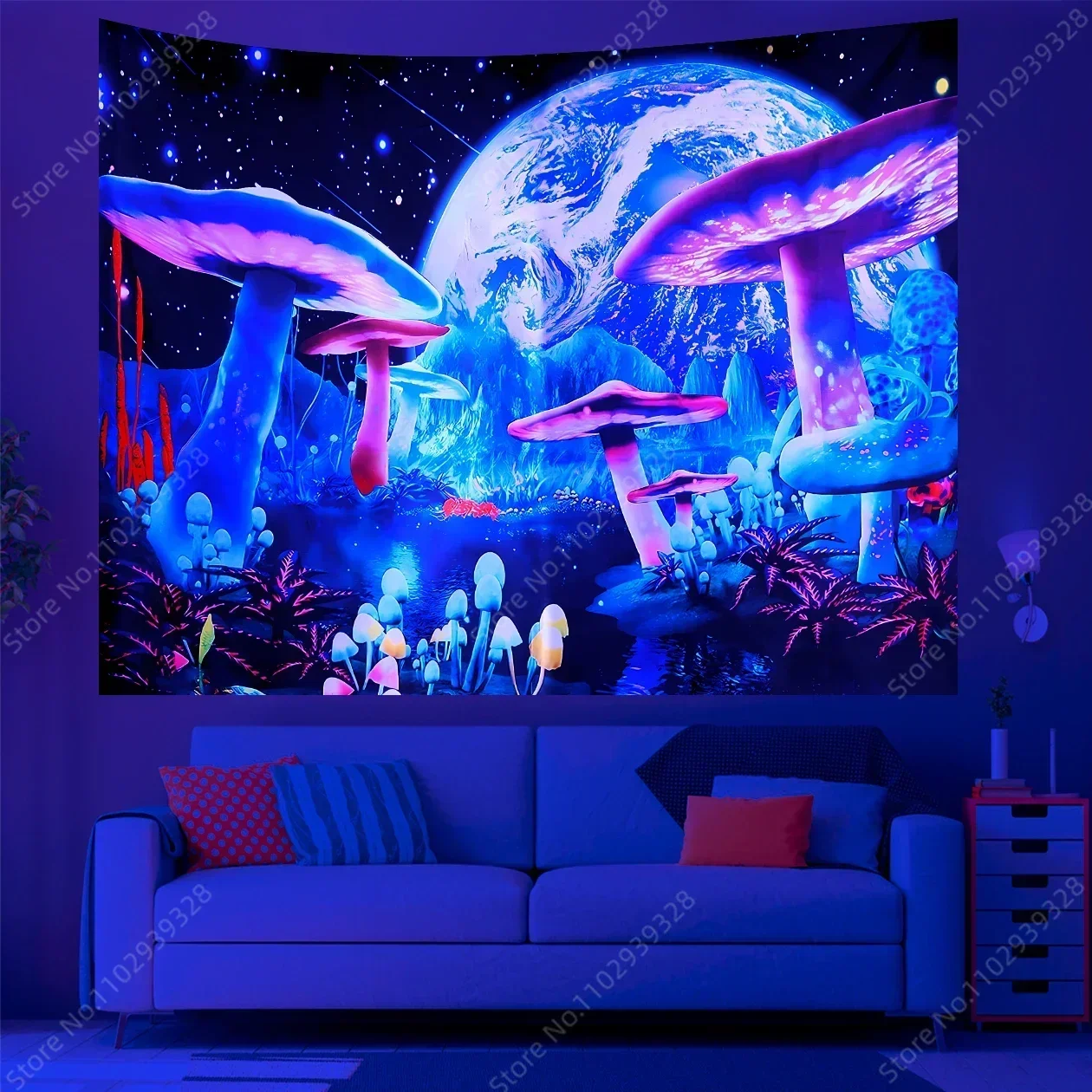 Mushroom Forest River UV Reactive Tapestry Psychedelic Starry Night Sky Plant Landscape Wall Hanging  for Bedroom Aesthetic