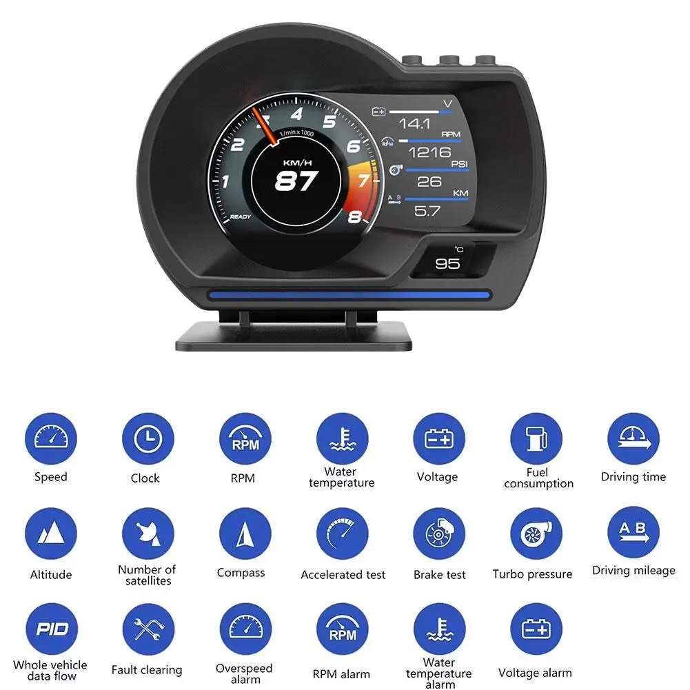 HUD A501 OBD2 Car Head Up Display Smart Car Water&Oil Temp Turbo RPM Gauge Digital Odometer Security Alarm Auto Meter Up Display