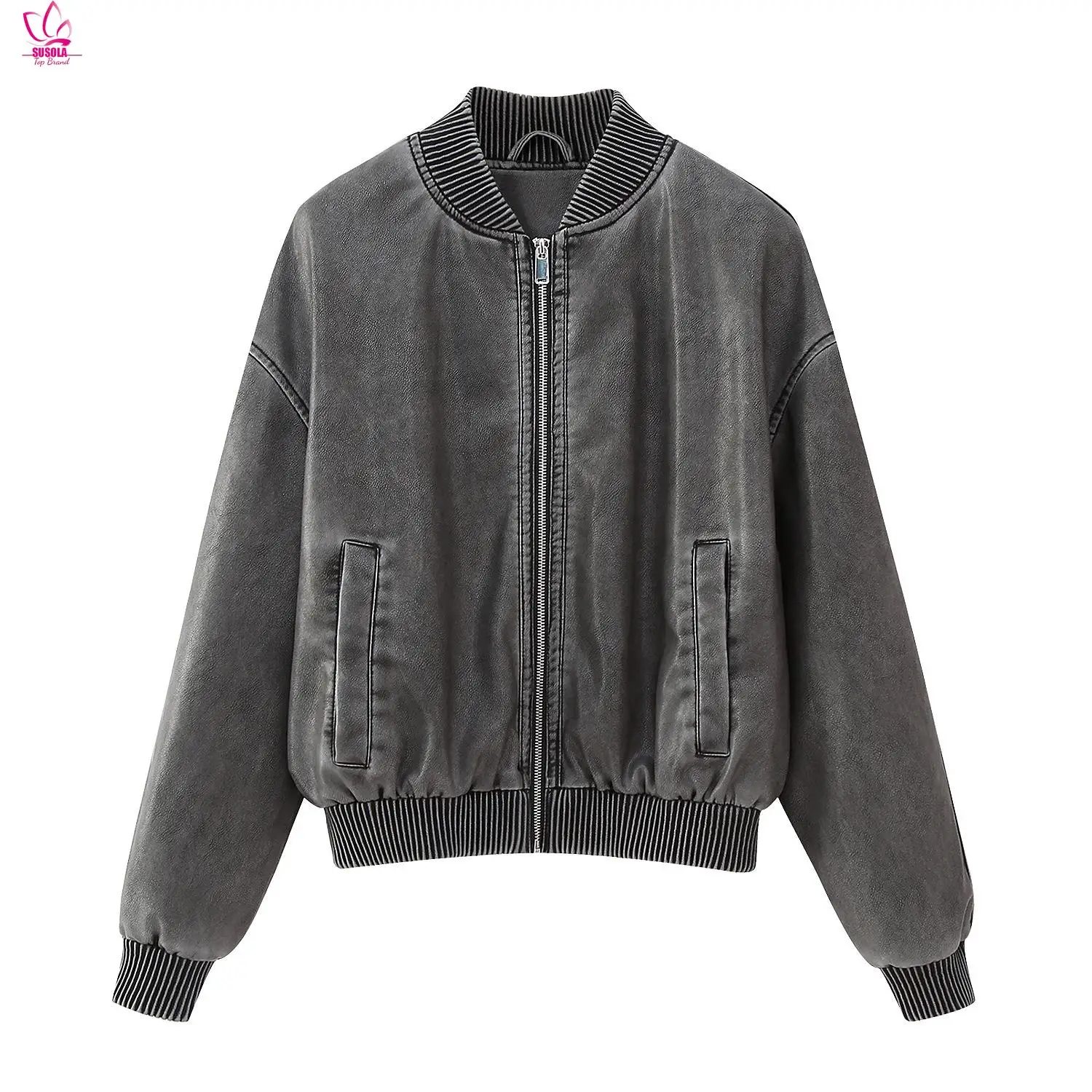 

SUSOLA High Quality 2024 Spring Autumn Woman Fashion Vintage Faux Leather Bomber Jackets Coat Female Casual Loose Tops Outwear