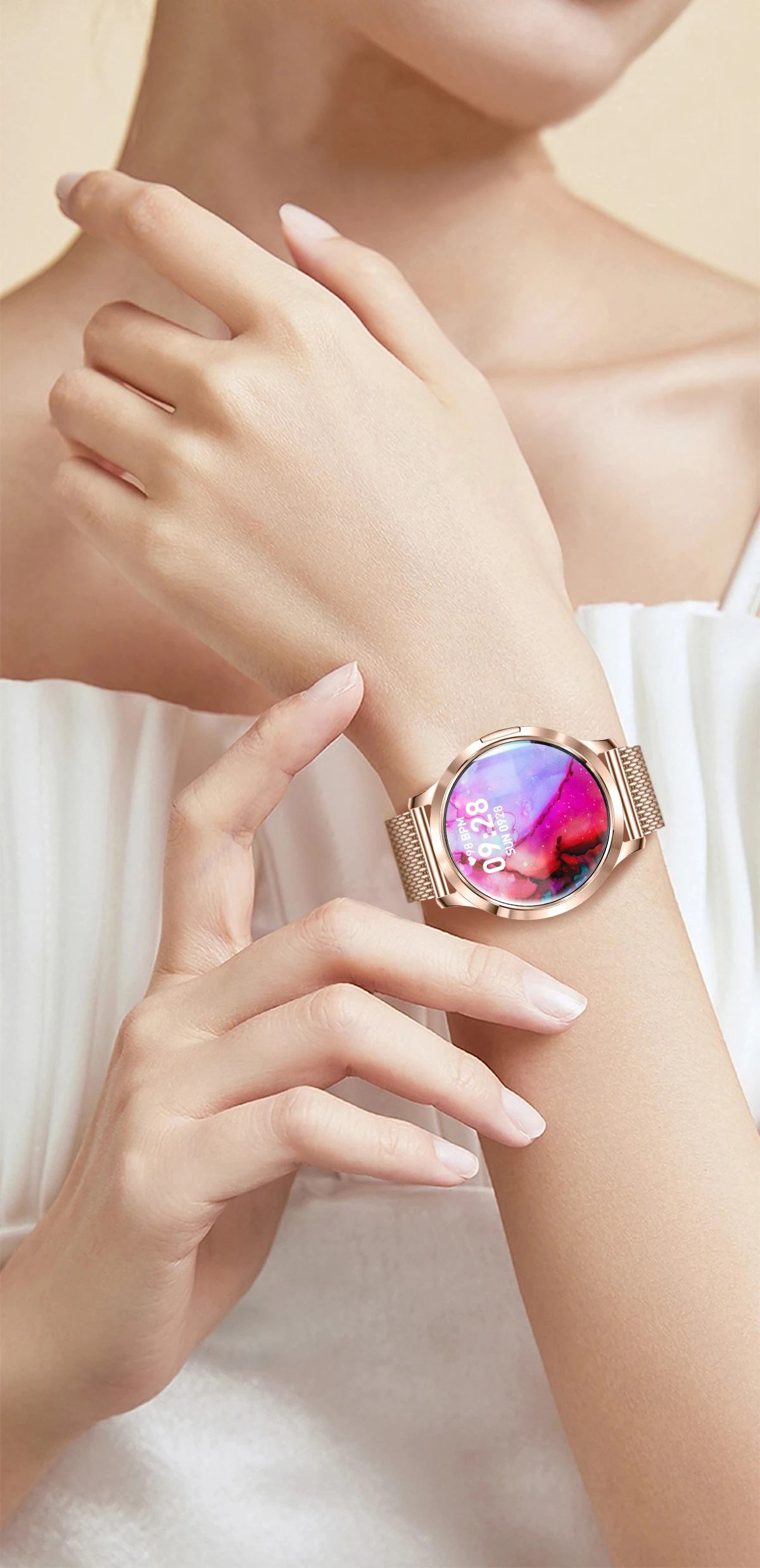Neue Damen-Smartwatch, 1,32 Zoll, AMOLED, voller Touchscreen, Bluetooth-Anruf, Blutdruck, IP68, wasserdicht, NFC, 7,3 mm, ultradünnes Armband – Detail 21