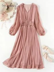 Winsleter- Women 100%Real Silk Elegant Dress, Long Sleeve Solid, Beach OL Commute Fairy Dresses, 2025 Spring Summer D51128CC