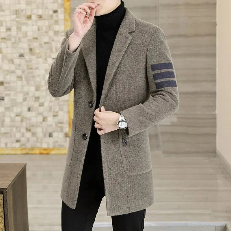 

New 2024 Autumn Winter Men Woolen Overcoat Mid-length Leisure Coat Thicken Warm Jacket Self-cultivation Trend High-end Outwear
