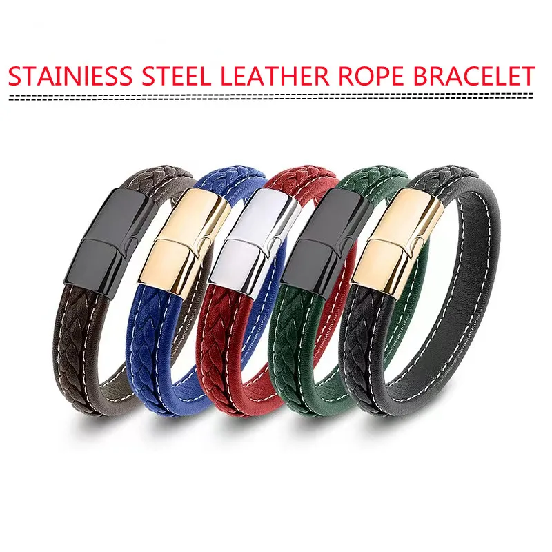 European and American Hot Selling Simple Style Woven Multicolor Wide Leather Rope Bracelet 316L Stainless Steel Men\'s Bracelet