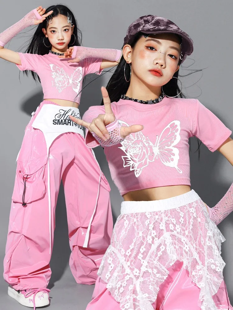 

Hip Hop Girls Butterfly Crop Top Cargo Pants Skirts Dance Shorts Children Streetwear Girl Group Costumes Kids K-pop Clothes Sets