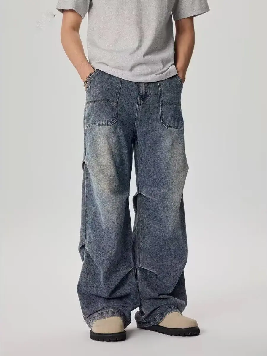 

Мужские джинсы в американском ретро-стиле, универсальные, плиссированные, свободные, широкие, повседневные, износостойкие.