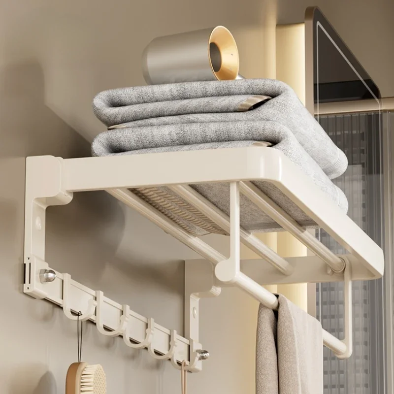 

Cream Style Bathroom Towel Rack - Light Luxury Shelf Organizer, Perforation-Free and Easy to Clean Shower Storage, Towel Holder