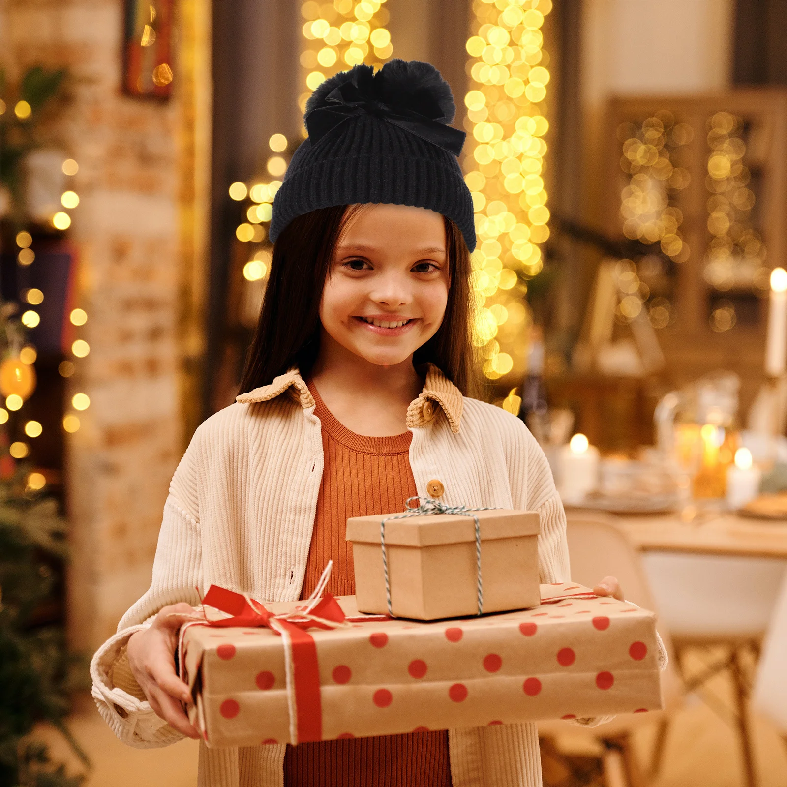 

1Pcs Children Knitted Hat Soft Stretchy Winter Bow Decor Kids Warm Knitting Hat Cute Double Balls Cap for Autumn Travel Outing