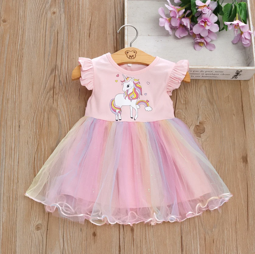 Summer Girls\' Sweet And Cute Flying Sleeved Foal Dress Cartoon Unicorn Dress Suitable For 0-3 Years Old