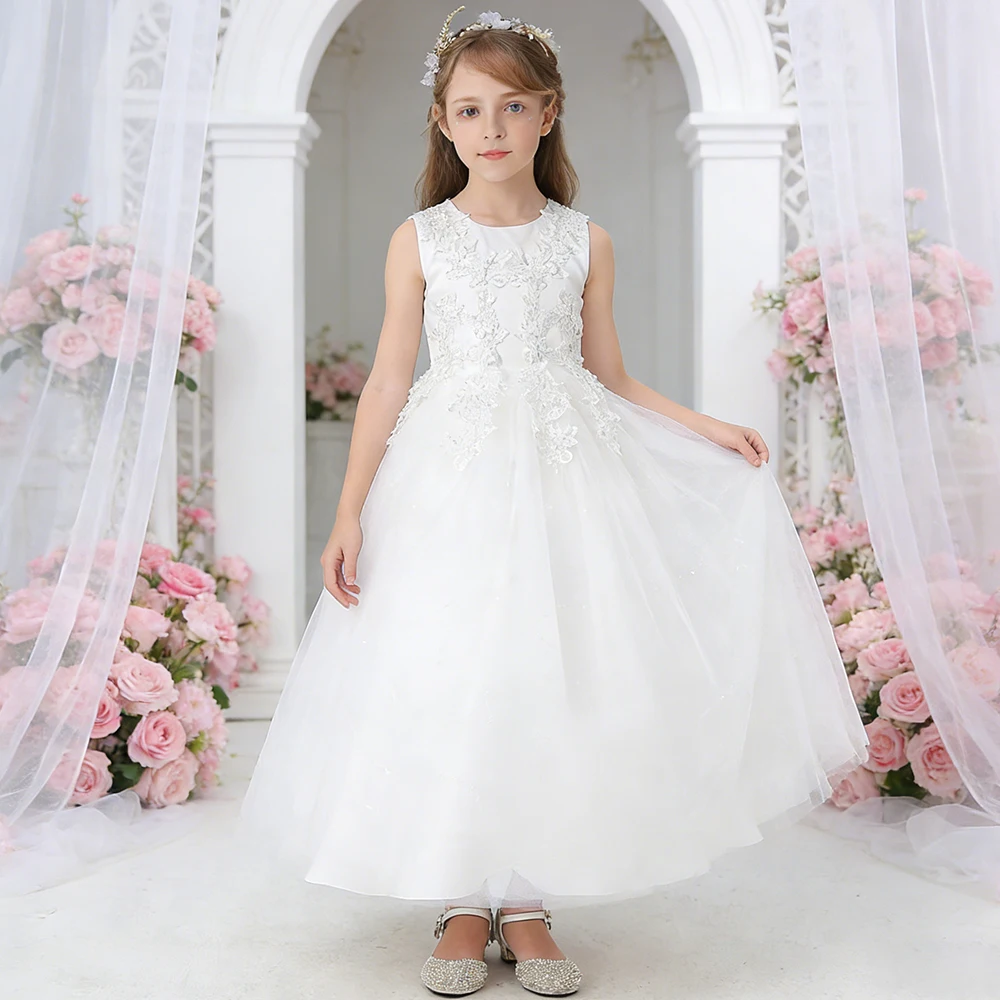 ファッションレースパールフラワー刺繍ホワイトドレス女の子用ブライズメイドウェディングドレス子供用イブニングロングドレスガウン誕生日用