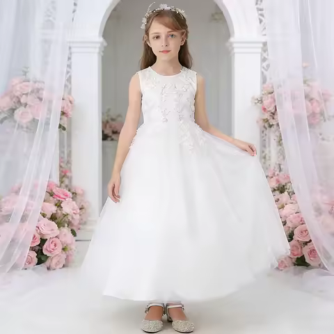 Fashion Lace Pearl Flower Embroidery White Dress for Girls Bridesmaid Wedding Dress Children Evening Long Dress Gown Birthday
