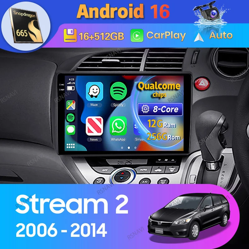 Android 16 Carplay Auto For Honda Stream 2 2006 - 2014 Right hand drive Car Radio GPS Video 2Din Player Head Unit WIFI+4G Stereo