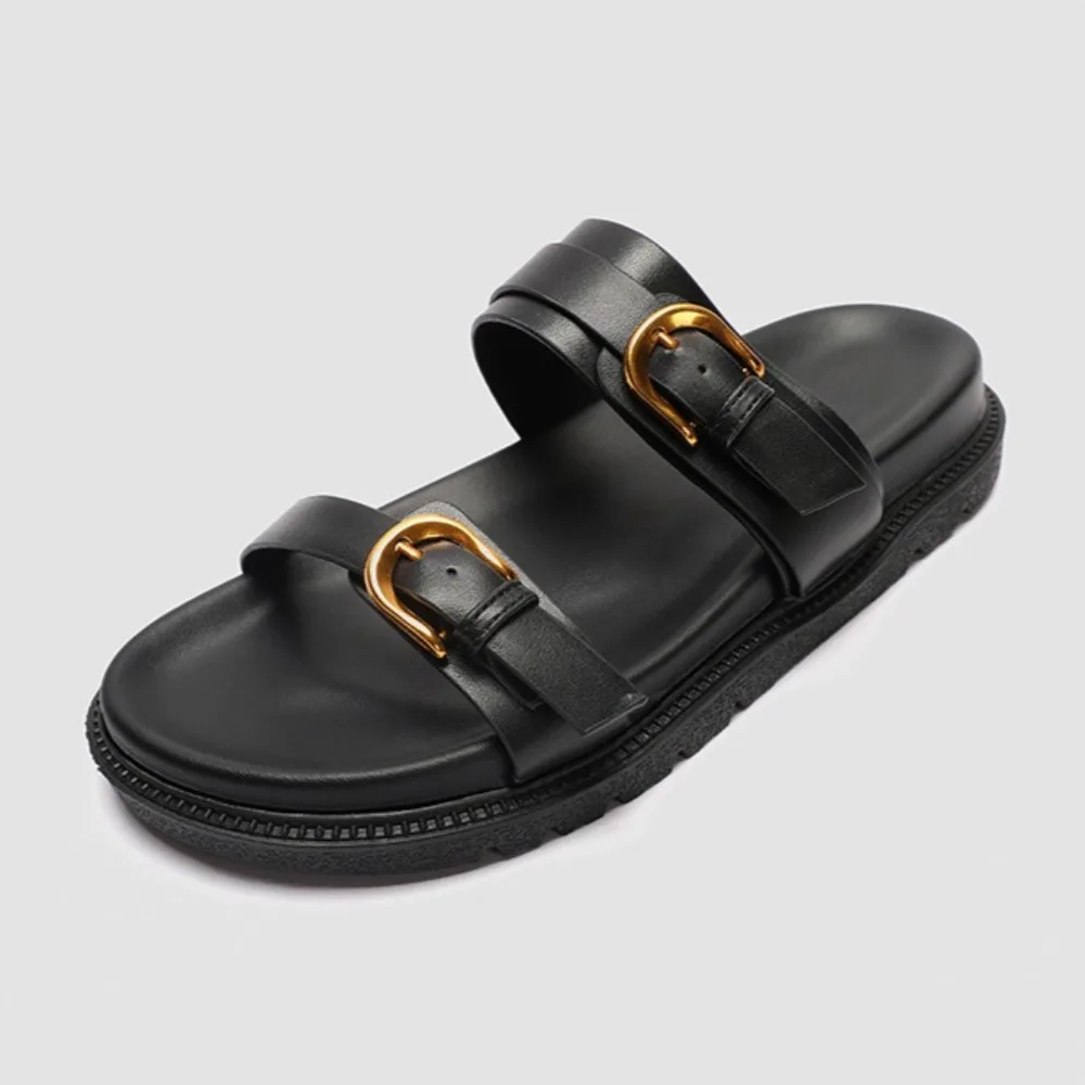 

Cool Slippers Woman Fashion Outside Summer New Thick Soled Beach Shoes with Metal Belt Buckle Women's Flat Slippers Platform