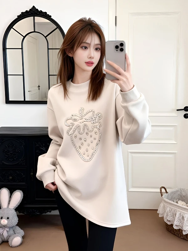 

Faionable Stberry Rhinestone German Velvet Hoodie Autumn Winter plus Size Loose Slimming Mid-Length Butt Covering Top