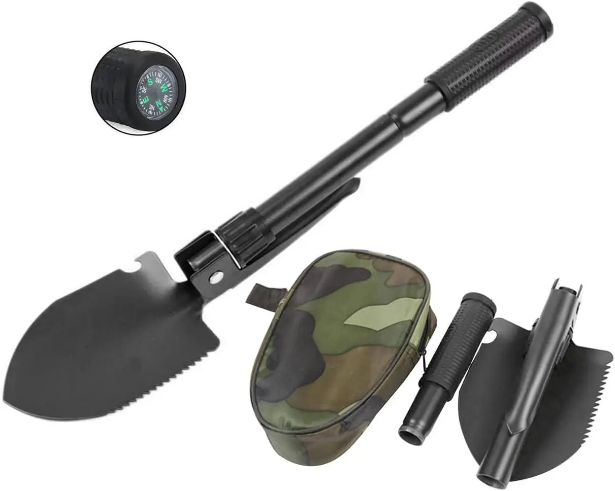 Portable Folding Camping Shovel Multifunctional Survival Entrenching Tool with Compass Serrated Edge Outdoor Gardening Digging