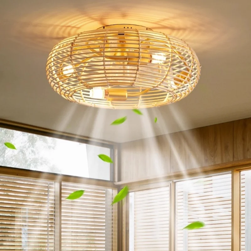 

Homestay fan ceiling light Japanese rattan woven bedroom study dining room remote control variable frequency lamp