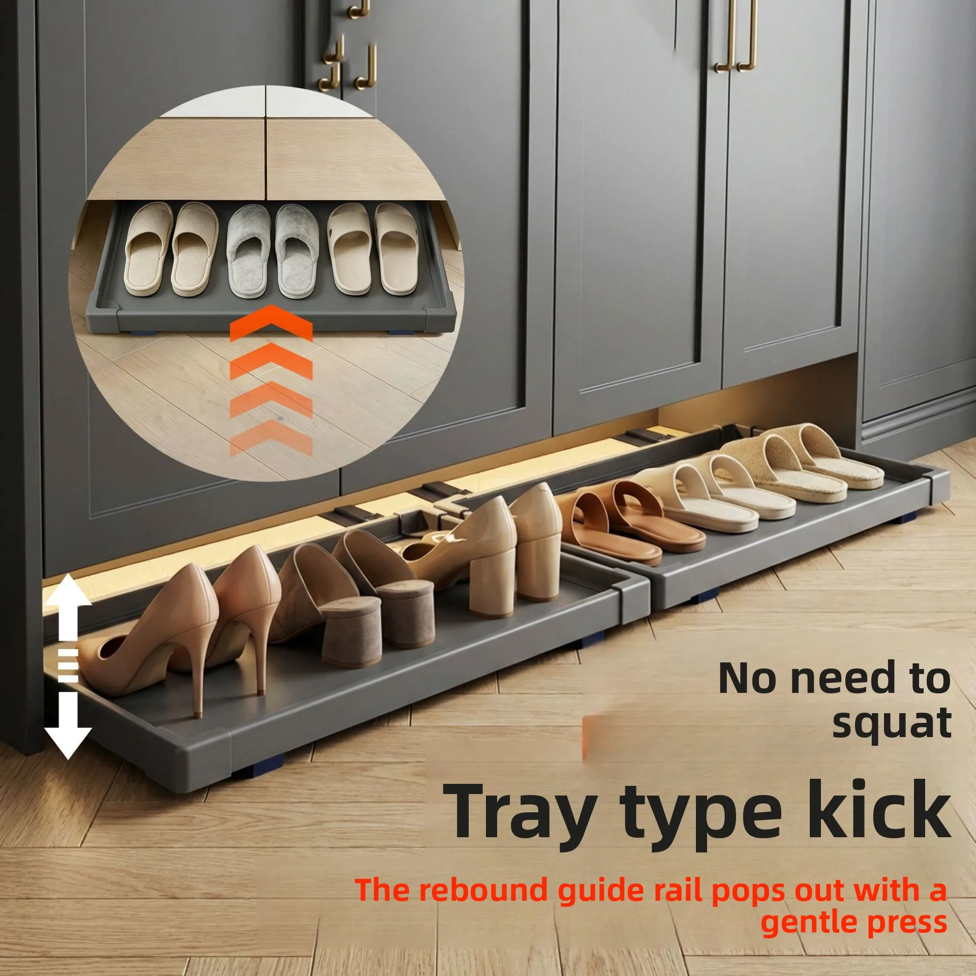 Pull Out Sliding Shoe Rack Tray, Kick Drawer Storage Organizer for Entrance Shoe Cabinet Bottom