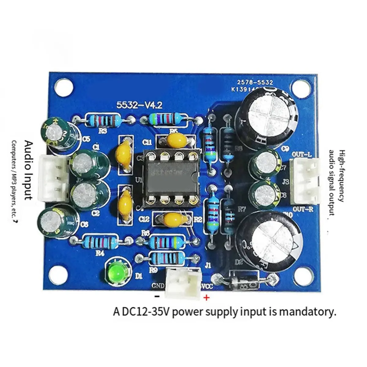 (A23G) 5532 Preamplifier Board Kit 12-35V DC Single Power Supply Interchangeable Single Power Front Panel Audio Amplifier Board
