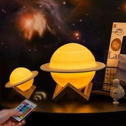 Novo usb lua lâmpada 3d impressão luz da noite decoração do quarto lâmpada de mesa presente natal 16 cores com controle remoto crianças cabeceira saturno lâmpada