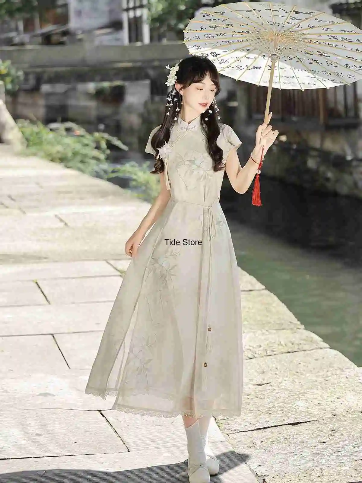 Pear Blossom Curve Improved Cheongsam Young Style Girl New Chinese Style Dress Daily Dresses Short Sleeve Summer view 3
