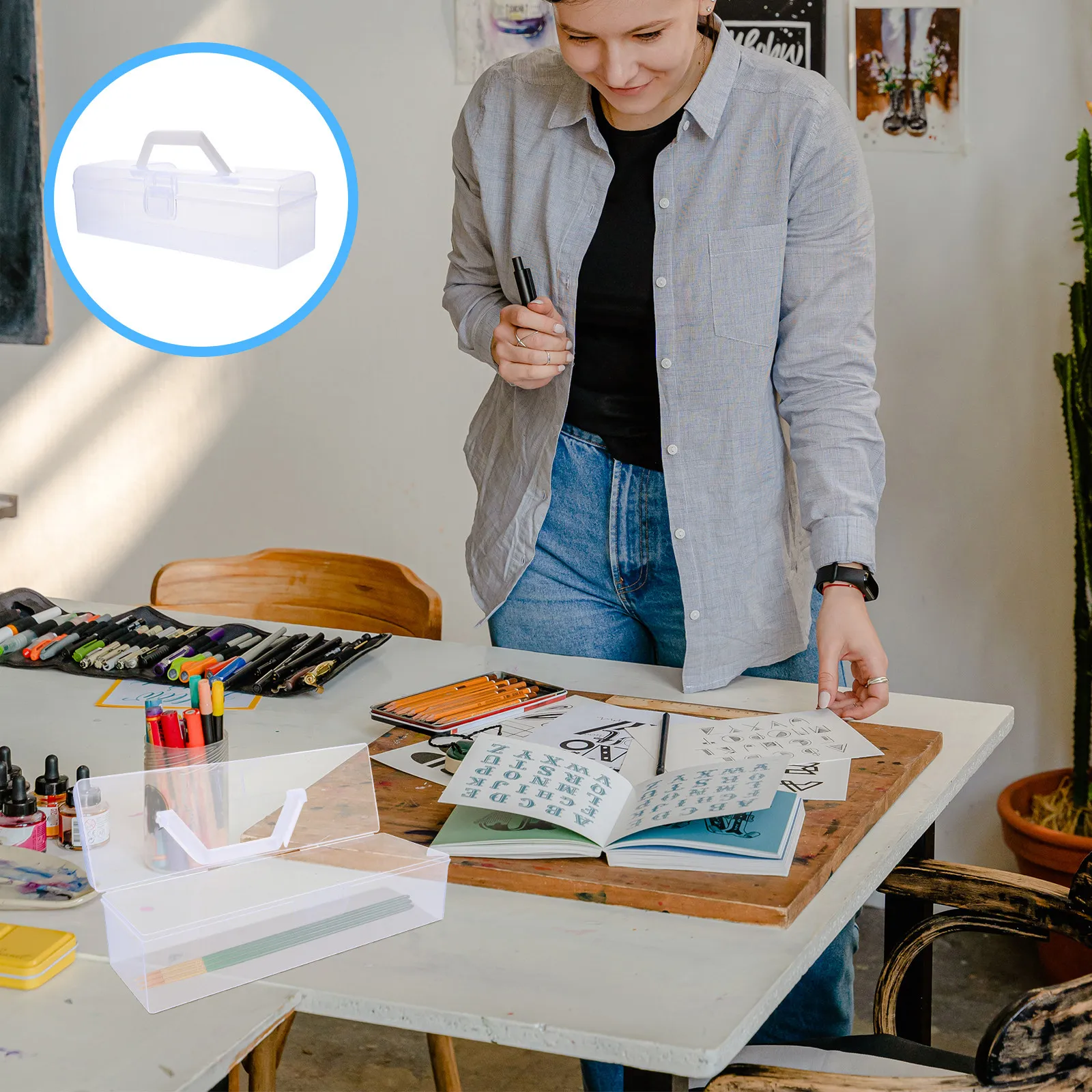 

Набор из 2 легких портативных прозрачных пластиковых кейсов для хранения каллиграфических принадлежностей: кистей, чернил, печатей и художественных инструментов