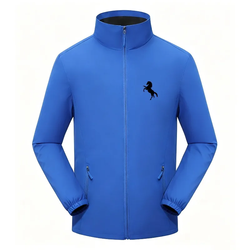 Street Style Couple Windbreaker With Galloping Horse Graphic Print Full Zip Stand Collar Elastic Cuff Zipper Pockets Multi