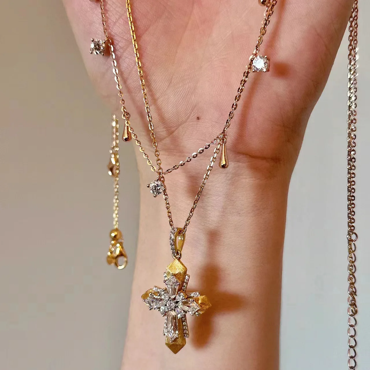 Italian Brushed Craft Cross Pendant Vatican Style Two Tone Gold Vintage Rupert's Tears Layered Necklace Women Jewelry