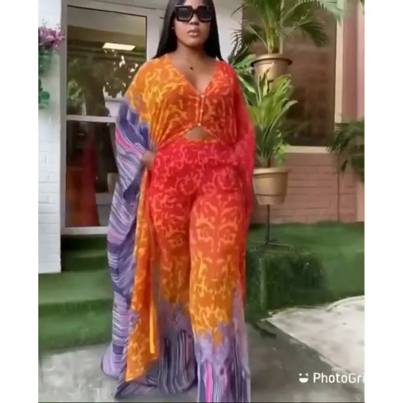 2024 New Fashion 2 Piece Set Women Africa Clothes African Dashiki Two Piece Suit Long Tops + Wide Pants Party Big Size  Lady