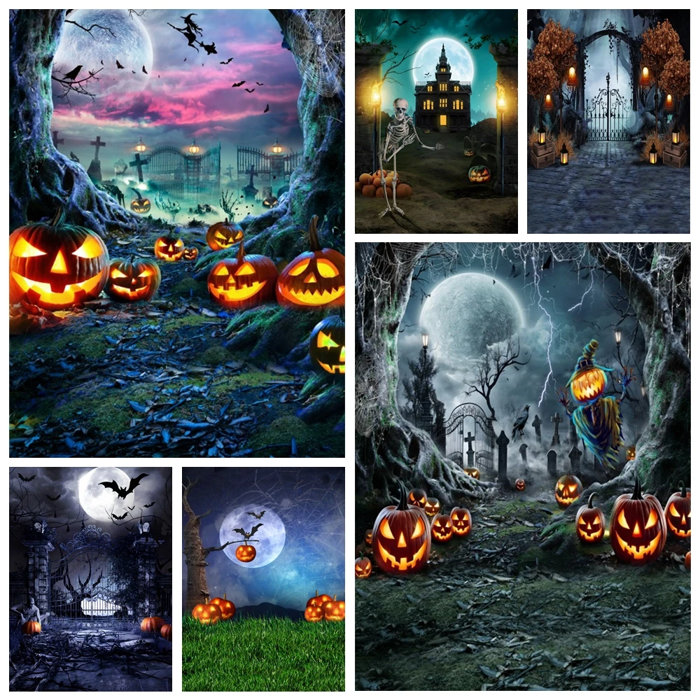 

Halloween Backdrop Horror Moon Night Castle Pumpkin Lantern Witch Baby Portrait Photography Background Decor Photo Studio Props