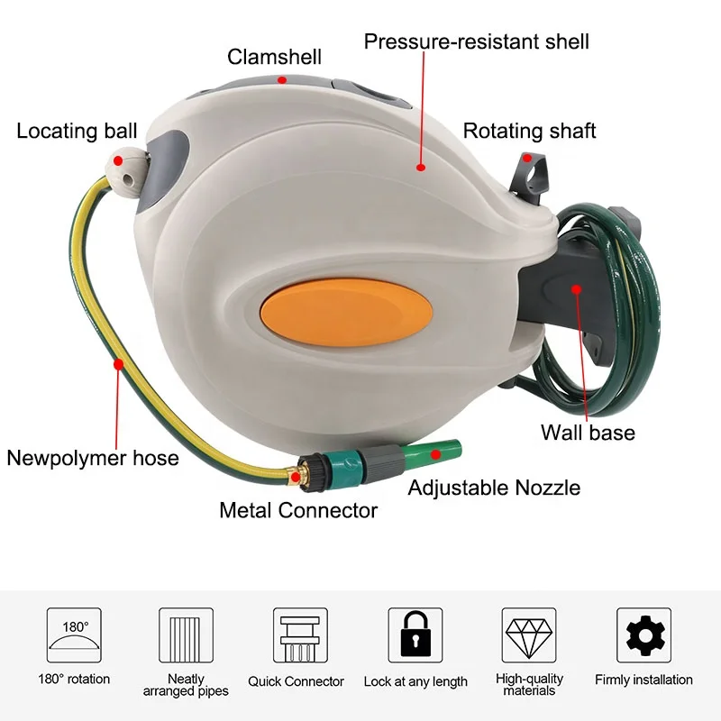 High Pressure Heavy-Duty Automatic Rewind Garden Hose Reel 180 Degree Swivel Bracket Wall Mounted Durable Plastic