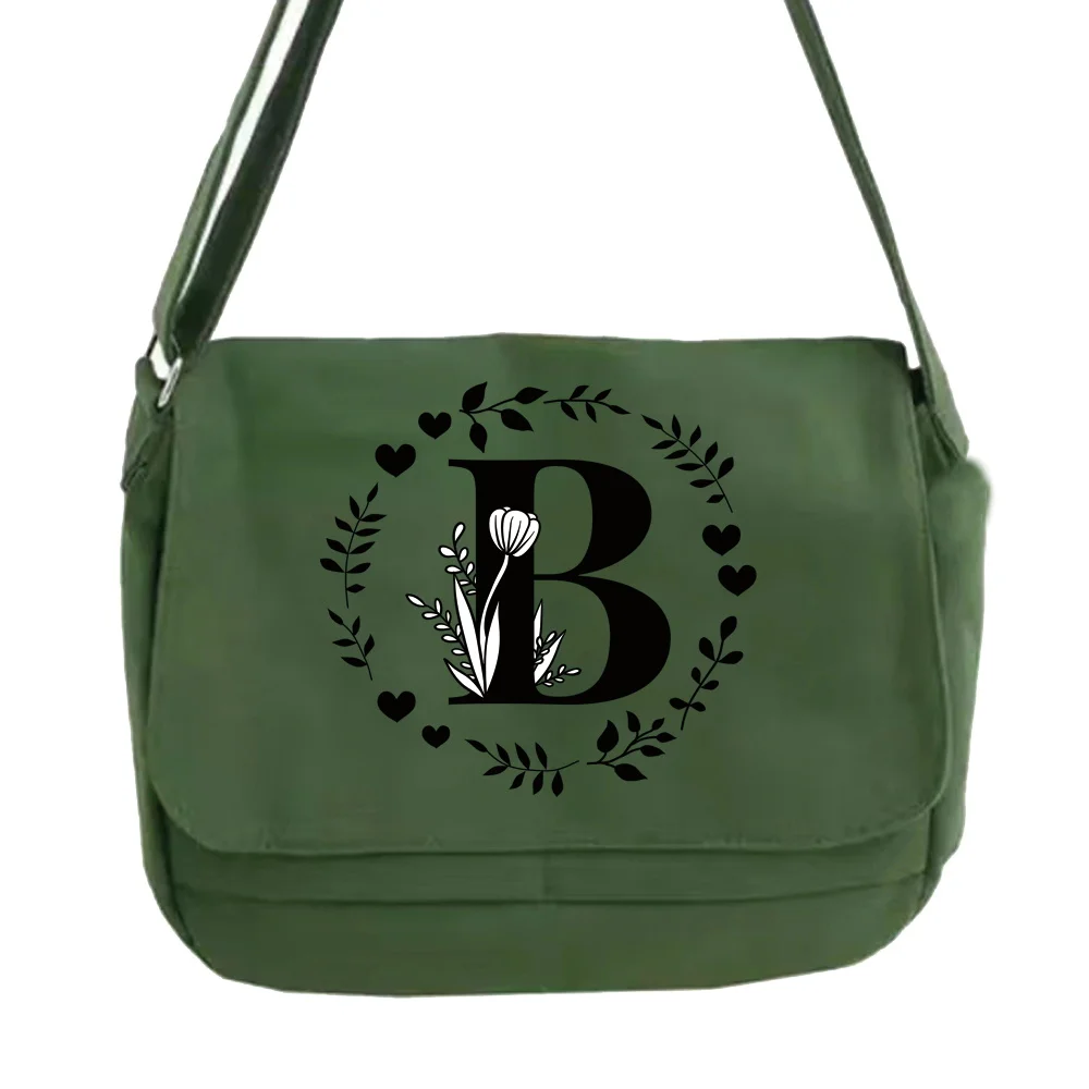 Bolso de hombro de lona para adolescentes y estudiantes, bolsa de mensajero verde, serie con patrón de letras de guirnalda, gran capacidad