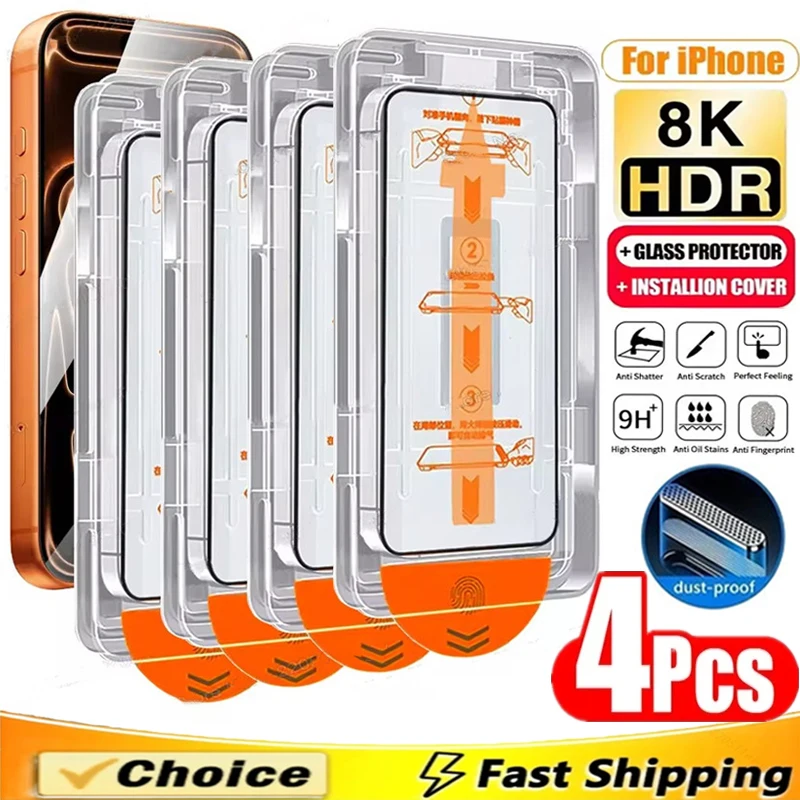 

4Pcs Dust Free Installation Screen Protector for IPhone 17 14 11 12 13 15 16 Pro Max Mini 7 8 14 15 16 Plus XR XS Tempered Glass