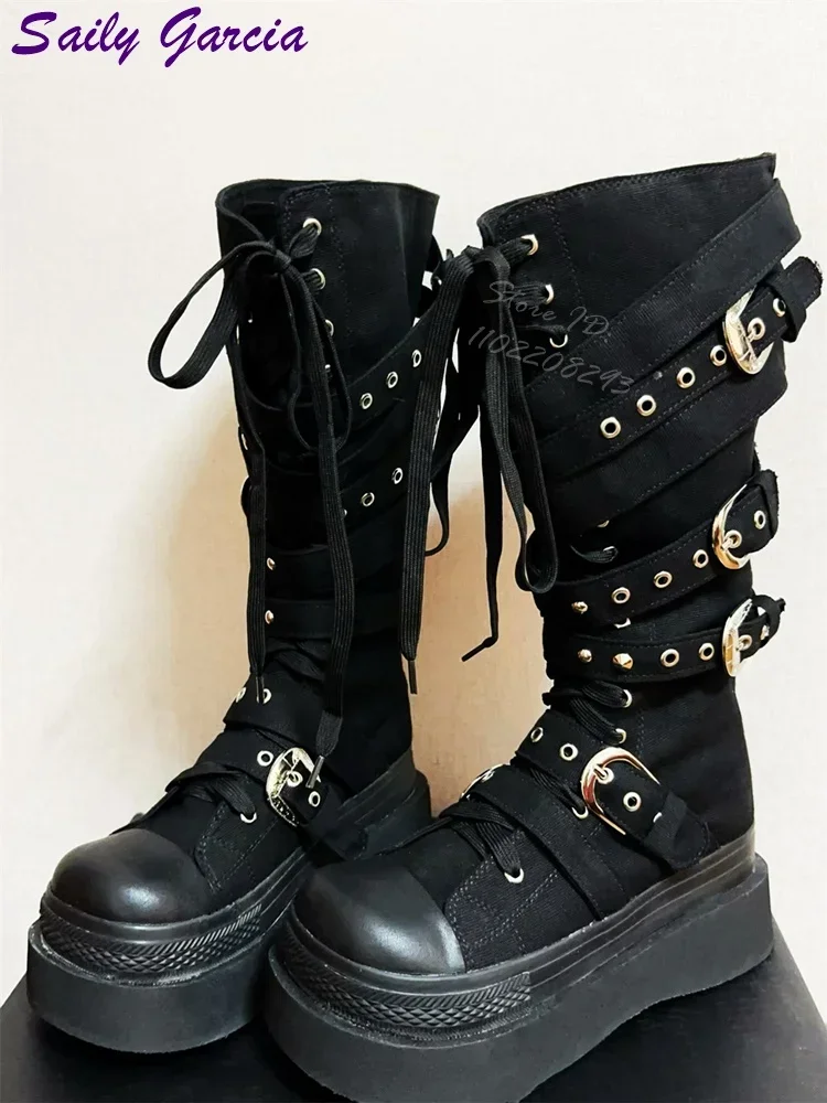 Green Multi Buckle Strap Knee High Boots Round Toe Punk Platform Lace Up Combat Boots Gothic Thick Sole Cosplay Women Shoes 2026