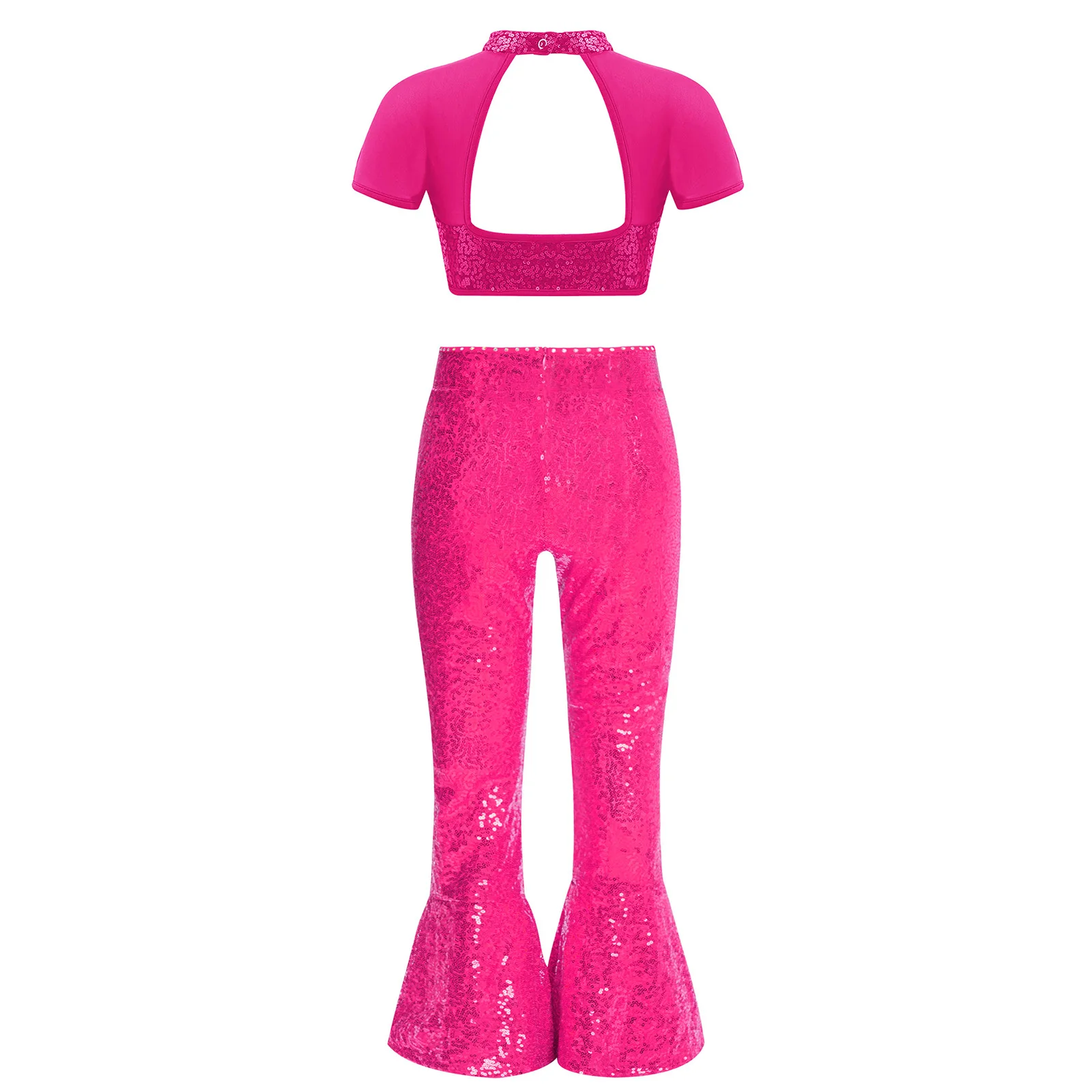 Kid Girls Jazz Dance Outfit School Party Cheerleading Performance Dancewear Short Sleeve Mesh Sequins Crop Top with Bell-bottoms