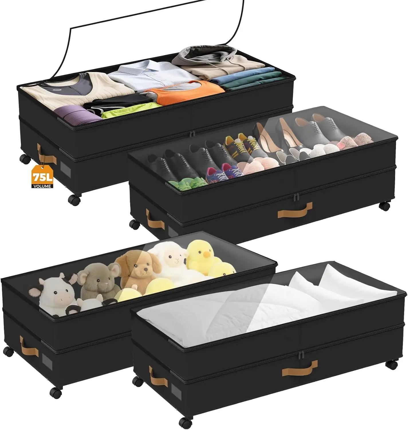 4-Pack Under Bed Storage with Wheels, 75L Large Containers, Adjustable Height for Shoes Clothes Blankets Organization