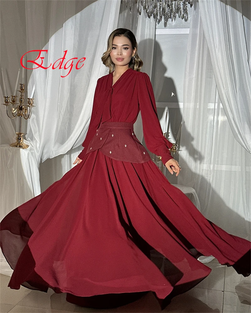 Customized Modern Burgundy Jersey Evening Dress Exquisite V-Neck Long Sleeves Lace Up Back Belt Sweep Train Homecoming Dress