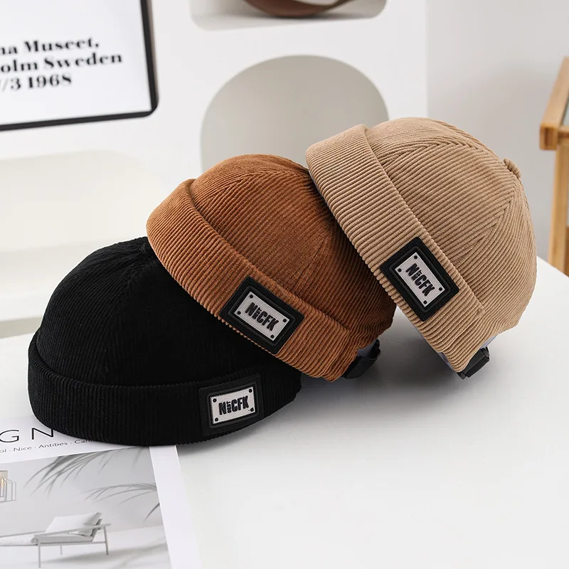 NewUnisex Cord Einfarbig Brimless Caps für Männer Frauen Street Hip Hop Hüte Retro Beanie Docker Caps Einstellbare Kuppel Hüte – Detail 3