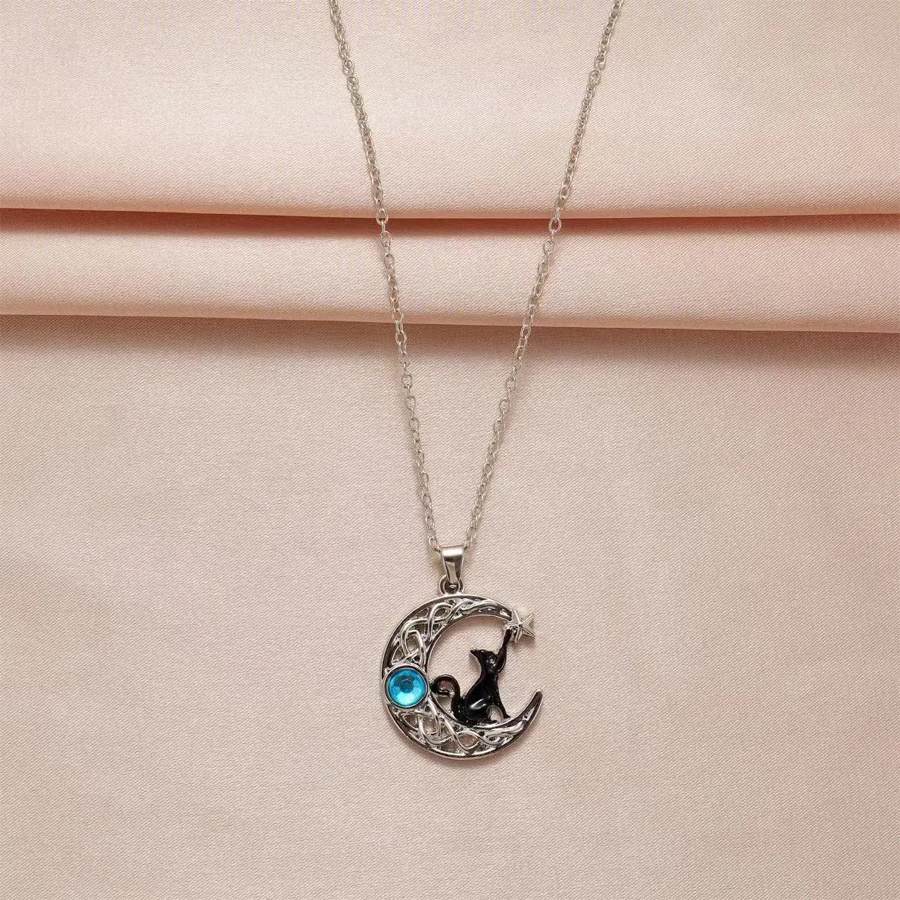 Vintage Niedliche Schwarze Kleine Katze Mond Anhänger Halskette für Frauen Teenager Gothic Mode Tier Mondstein Halsketten Schmuck Geschenke – Detail 2