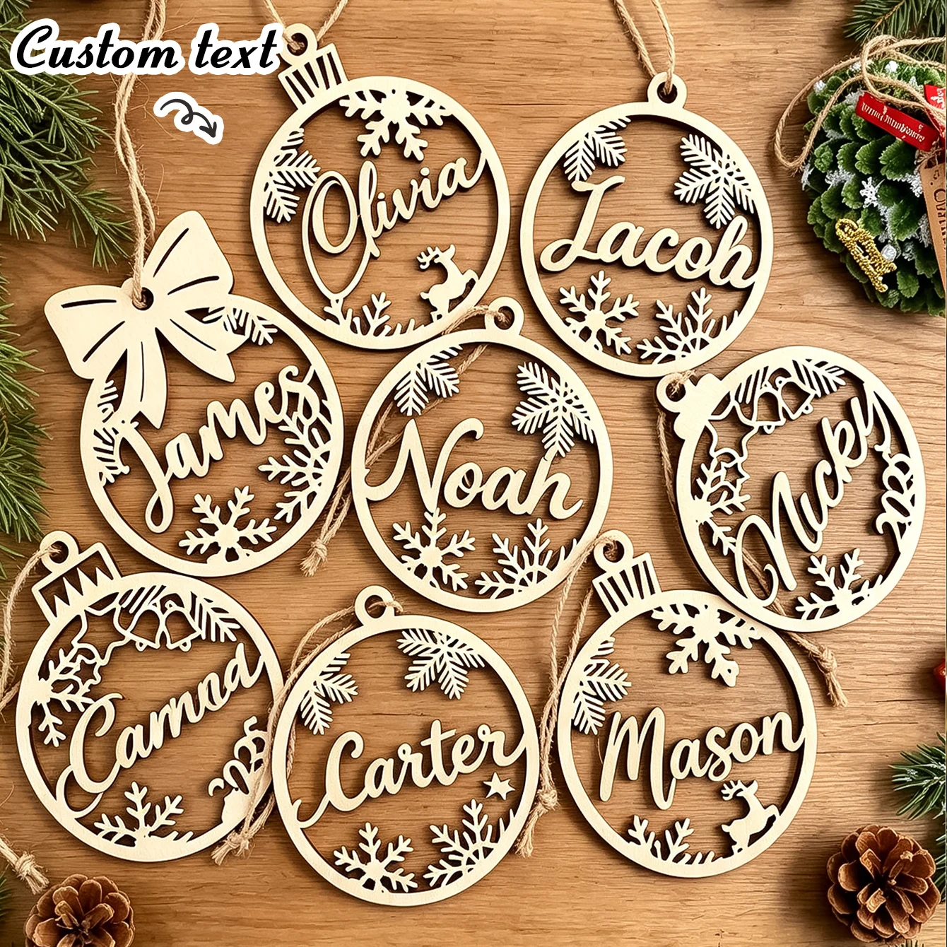 10Pcs/Personalized Wooden Christmas Ornaments: Christmas Wooden Decorations, Christmas Ball Pendants, Personalized Christmas Ornaments, Laser-Engraved Names, Custom Christmas Gift Tags with Names, Christmas Decorations