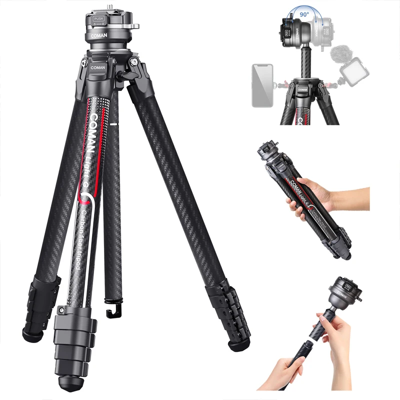 COMAN Aluminum Carbon Fiber Camera Tripod 360 Degree Ball Head Portable Tripods With 1/4 inch Arca Quick Plate For Dslr Camera