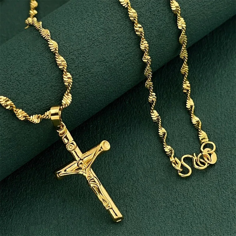 

YISON Luxury Gold Plated Golden Crucifix Cross Necklace for Women Retro Pendant Religious Jewelry Accessories