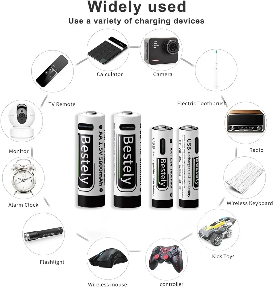 Bestely 1,5 В литиевая батарея USB-C перезаряжаемая батарея AA 5800 МВтч AAA 3600 МВтч 2000 циклов быстрая зарядка с кабелем