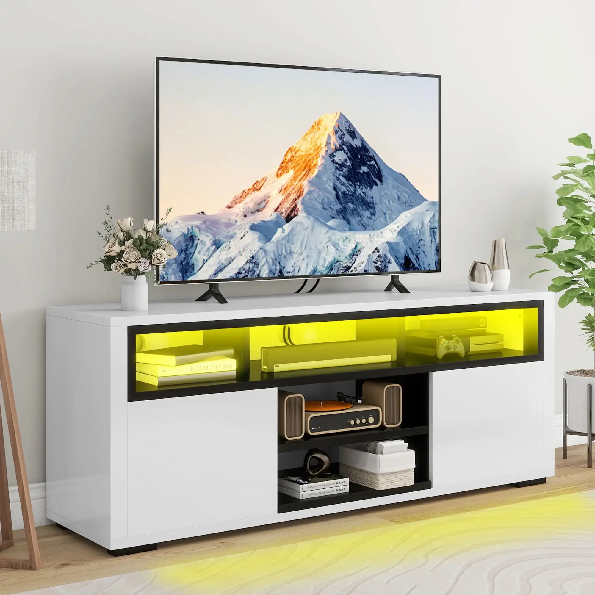 High Gloss TV Stand with LED Ambient Lights, Modern TV Stand with Open Shelf Storage Cabinet for 62 inch TV, White