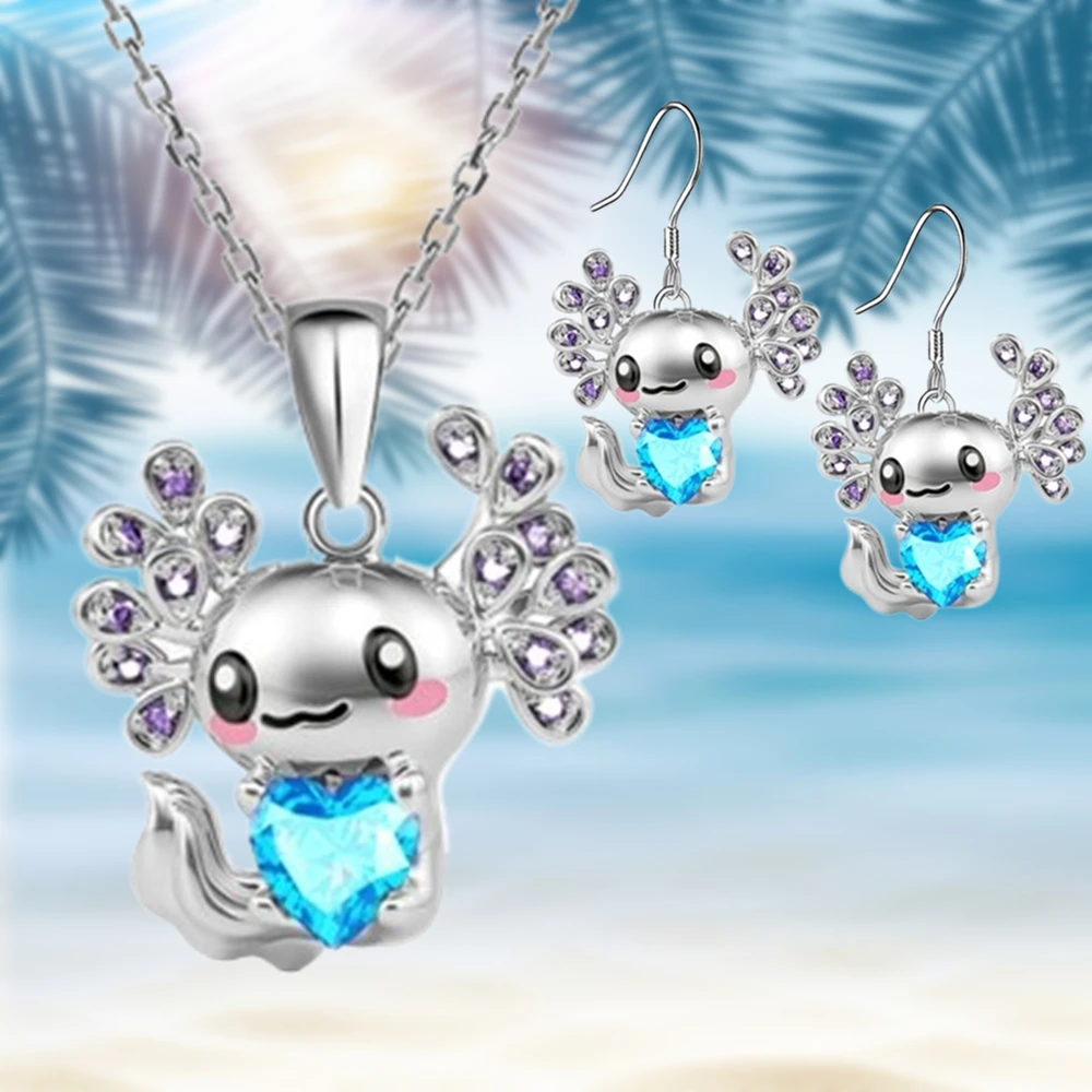 Cute Blue Axolotl Zircon Cartoon Pendant Necklace Lady's Fashion Animal Jewelry Set Luxury Personalized Birthday Love Party Gift