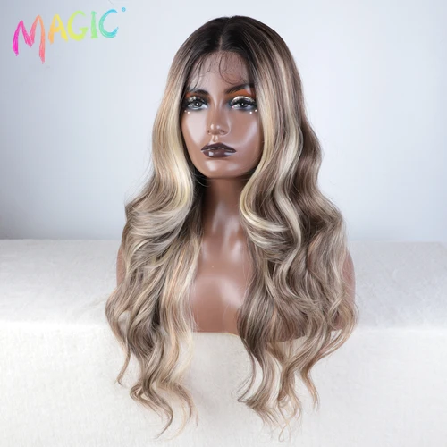 Imagen 2 del producto Pelucas delanteras de encaje sintético ondulado de cuerpo mágico para mujeres negras, peluca de encaje resaltada marrón ombré de 28 pulgadas con peluca de Cosplay de pelo de bebé